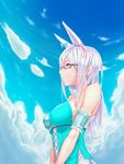  animal_ears bad_id bad_pixiv_id bare_shoulders bow breasts chain_chronicle character_request cloud day extra_ears glasses hair_bow highres large_breasts long_hair pink_eyes red_eyes shijiu_(adamhutt) sideboob solo straight_hair white_hair 