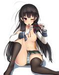  ahoge bad_id bad_pixiv_id black_hair black_legwear blush breast_slip breasts dressing gloves hairdressing isokaze_(kantai_collection) kantai_collection kneehighs long_hair looking_at_viewer medium_breasts microskirt mijinko_(rioriorio) mouth_hold navel nipples one_breast_out open_clothes open_shirt panties pantyshot pantyshot_(sitting) pleated_skirt red_eyes shirt simple_background single_kneehigh single_thighhigh sitting skirt solo string striped striped_panties thighhighs tying underwear very_long_hair white_background white_gloves 