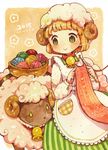  2015 :&gt; apron bell bell_collar blonde_hair collar flower green_eyes hat horns knitting knitting_needle looking_down mokarooru needle original sheep sheep_hat sheep_horns short_hair smile solo yarn yarn_ball yellow_background 