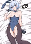  alternate_costume animal_ears bare_shoulders black_gloves black_legwear blue_eyes blush bow bowtie breasts bunny_ears bunnysuit covered_navel detached_collar gloves gundam gundam_build_fighters gundam_build_fighters_try haruhisky heart highres kijima_shia looking_at_viewer lying nipples on_back pantyhose partially_visible_vulva short_hair silver_hair small_breasts solo spoken_heart torn_clothes torn_legwear wedgie wrist_cuffs 