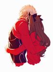  1girl archer black_hair fate/stay_night fate_(series) highres hug long_hair short_hair silver_hair simple_background toosaka_rin two_side_up yaoshi_jun 