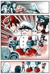  4koma 5girls admiral_(kantai_collection) akagi_(kantai_collection) choufu_shimin comic fake_beard fake_facial_hair gloves hat kaga_(kantai_collection) kantai_collection multiple_girls muneate robot ru-class_battleship school_uniform serafuku shinkaisei-kan side_ponytail silent_comic simple_background ta-class_battleship thighhighs time_bokan_(series) wo-class_aircraft_carrier yatter-wan yatterman 