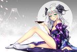  1girl bare_legs blue_eyes breasts cleavage female full_moon horns japanese_clothes japanese_clothing kimono legs long_hair looking_at_viewer monster_girl moon original sake samael_(5211) smile socks solo white_hair 