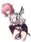  ahoge alternate_hair_length alternate_hairstyle bat_wings blush breasts chemise cleavage demon_tail fang geppewi koakuma long_sleeves looking_at_viewer miniskirt open_mouth pink_hair red_eyes short_hair simple_background skirt skirt_lift small_breasts smile solo tail touhou white_background wings 