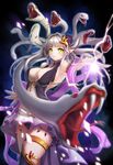  absurdres breasts cleavage da-cart foreshortening green_eyes grey_hair hair_intakes hair_ornament highres jewelry large_breasts long_hair magic original pointy_ears snake snake_hair tears thigh_strap thighhighs yellow_eyes 
