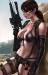  1girl absurdres artist_name bikini black_bikini breasts brown_hair cleavage closed_mouth dandon_fuga day eyes_closed facepaint front-tie_bikini front-tie_top gun highres holding holding_gun holding_weapon large_breasts leaning_back lips metal_gear_(series) metal_gear_solid_v navel outdoors paid_reward patreon_reward ponytail quiet_(metal_gear) rifle sniper_rifle solo suspenders swimsuit torn_clothes torn_legwear weapon 