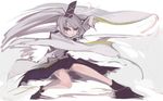  &gt;:) blue_skirt fighting_stance grey_eyes grey_hair grin hat japanese_clothes kariginu long_sleeves looking_at_viewer mononobe_no_futo silver_(color) silver_hair simple_background skirt smile solo tate_eboshi toritoma_(sweetandsour) touhou v-shaped_eyebrows wallpaper white_background wide_sleeves 