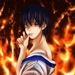  1boy black_hair blue_eyes child fire gag_manga_biyori kawai_sora knee3 long_nails looking_at_viewer male male_focus portrait short_hair solo 