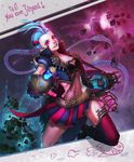  boots braid gloves hairline jacket jinx_(league_of_legends) league_of_legends lipstick long_hair makeup pink_eyes skirt steampunk twin_braids weapon 