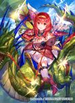  1girl alternate_costume armor axe dragon fire_emblem fire_emblem:_monshou_no_nazo fire_emblem_cipher fuji_choko hairband headband long_hair looking_at_viewer maria_(fire_emblem) nintendo official_art open_mouth red_eyes red_hair short_hair simple_background smile solo wings 