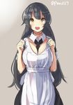  :o agano_(kantai_collection) alternate_costume between_breasts black_hair blush breasts enmaided grey_background highres kantai_collection long_hair maid necktie necktie_between_breasts plan_(planhaplalan) twitter_username yellow_eyes 