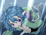  blue_eyes blue_hair frilled_kimono frills head_fins japanese_clothes kimono mermaid monster_girl natsu_no_koucha obi sash short_hair touhou underwater wakasagihime 