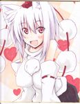  animal_ears bare_shoulders blush breasts detached_sleeves fang hat heart inubashiri_momiji large_breasts looking_at_viewer nijou_makoto open_mouth pom_pom_(clothes) red_eyes ribbon-trimmed_sleeves ribbon_trim short_hair silver_hair solo tokin_hat touhou wolf_ears 