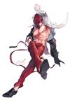  artist_name comet_(teamon) full_body hair_over_one_eye hand_in_pocket highres looking_at_viewer male_focus muscle navel nipples open_clothes open_shirt pants pectorals red_eyes red_hair red_pants shirt simple_background solo the_king_of_fighters white_background yagami_iori 