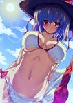  arms_behind_back bare_shoulders bikini blush breasts cloud day flustered hat large_breasts lavender_hair light_particles looking_at_viewer nagae_iku navel pov red_eyes shawl short_hair side-tie_bikini sky solo sousakubito stomach sunlight swimsuit touhou underboob white_bikini 