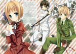  2boys absurdres axis_powers_hetalia belt blonde_hair blue_eyes blush box dress gloves green_eyes heart highres huge_filesize japan_(hetalia) liechtenstein_(hetalia) multiple_boys sam_browne_belt striped striped_background tatekawa_mako uniform united_kingdom_(hetalia) 