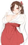  bad_id bad_pixiv_id breasts brown_eyes brown_hair cleavage hair_ribbon hakama huge_breasts japanese_clothes kimono original ponytail red_hakama ribbon sakuru sketch solo standing 