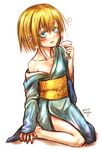  absurdres blonde_hair blue_eyes blush collarbone drunk glass highres japanese_clothes kimono kotoba_noriaki obi off_shoulder original sash short_hair sitting solo wariza 