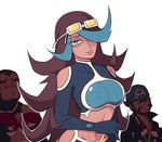  2boys aogiri_(pokemon) bandana bare_shoulders big_hair black_hair blue_eyes blue_hair breasts collarbone dark_skin eyeshadow gen_1_pokemon goggles goggles_on_head hair_over_one_eye izumi_(pokemon) large_breasts lipstick long_hair makeup multicolored_hair multiple_boys navel o3o outline parted_lips poke_ball pokemon pokemon_(creature) pokemon_(game) pokemon_oras shoulder_cutout simple_background smile solo_focus ssalbulre streaked_hair team_aqua two-tone_hair ushio_(pokemon) very_long_hair voltorb white_background 