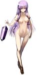  :&lt; breasts collarbone commentary_request full_body hair_ribbon highres jitome long_hair matsuki_akira navel nipples no_hat no_headwear nude patchouli_knowledge purple_eyes purple_hair ribbon simple_background skinny small_breasts solo standing thigh_gap touhou very_long_hair walking white_background 