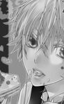  1boy child eating food food_in_mouth food_on_face hakuseki kagamine_len male male_focus monochrome portrait solo vocaloid 