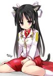  :c animal_ears black_hair blush cat_ears cat_tail hair_ribbon hakama hime_cut hiyou_(kantai_collection) japanese_clothes kantai_collection kemonomimi_mode long_hair magatama military military_uniform purple_eyes red_hakama ribbon sen_(astronomy) sitting solo tail twitter_username uniform wariza white_background 