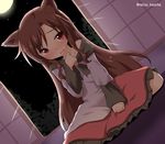  animal_ears blush brown_hair dress fang frilled_dress frills full_moon imaizumi_kagerou long_hair moon natsu_no_koucha off_shoulder red_eyes sitting sweat tears touhou twitter_username wolf_ears 