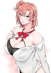  bare_shoulders blue_eyes breasts cleavage fei_(maidoll) highres huge_breasts light_smile lipstick long_hair looking_at_viewer makeup red_hair simple_background solo white_background yahari_ore_no_seishun_lovecome_wa_machigatteiru. yuigahama_yui 