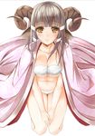  animal_ears blush breasts brown_eyes cleavage hands_on_lap hands_together hazuki_gyokuto horns japanese_clothes kimono kneeling large_breasts long_hair open_clothes original sheep_ears sheep_horns smile solo underboob 