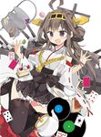  araki_kanao blue_eyes blush boots breasts brown_hair cake card cup flower food hairband japanese_clothes kantai_collection kongou_(kantai_collection) large_breasts long_hair miniskirt nontraditional_miko playing_card sandwich skirt smile solo teacup teapot thigh_boots thighhighs turret zettai_ryouiki 