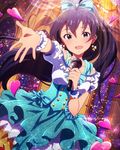  :d antenna_hair black_hair blue_eyes earrings ganaha_hibiki heart idolmaster idolmaster_(classic) idolmaster_million_live! jewelry long_hair looking_at_viewer microphone necklace official_art open_mouth ponytail skirt smile solo sparkle wireless wristband 