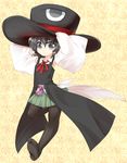  androgynous bad_id bad_twitter_id big_hat black_hair cosplay detached_sleeves enraku_tsubakura enraku_tsubakura_(cosplay) evanescent_existence grey_eyes hat len'en no_shoes pantyhose red_ribbon ribbon senri_tsurubami short_hair shorts smile solo tabi top_hat 