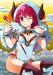  arrow blush breasts cleavage cloud hood hoodie horns large_breasts looking_at_viewer one_eye_closed original red_eyes red_hair sawamura_hikaru smile sun wristband 