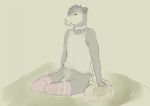  2019 anthro biped brown_fur brown_hair clothed clothing collar digital_media_(artwork) dustybeau_(artist) flaccid front_view full-length_portrait fur grey_background hair legwear looking_at_viewer male mammal marsupial opossum penis pink_clothing pink_legwear pink_nose pink_stockings portrait shirt short_hair simple_background sitting smile solo stockings tank_top whiskers 