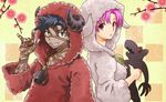  1girl 2015 animal_costume avenger bazett_fraga_mcremitz black_hair dark_skin dog fate/hollow_ataraxia fate_(series) full_body_tattoo horns mgk968 purple_eyes purple_hair sheep_costume sheep_hood sheep_horns short_hair tattoo 