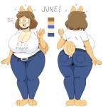  2019 anthro belt big_breasts blue_eyes breasts brown_hair butt canine cleavage clothed clothing dog english_text female fully_clothed hair hi_res jeans jinu june_(jinu) mammal model_sheet open_mouth open_smile pants shiba_inu shirt short_hair simple_background smile solo teeth text tooth_gap white_background 