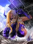  1girl 774_(nanashi) all_fours blonde_hair blood boku_no_hero_academia breasts building city day destruction domino_mask giantess gloves grin hanging_breasts highres horns huge_breasts long_hair mask mount_lady one_eye_closed red_eyes rescue rubble scrape smile superhero thighhighs torn_clothes 