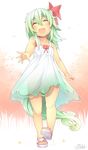  :d absurdres alternate_costume blush bow dress ex-keine fang green_hair highres horn_bow horns kamishirasawa_keine kokka_han open_mouth sandals see-through_silhouette smile solo tail touhou younger 