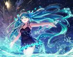  :d ahoge aqua_eyes aqua_hair armpits dress hatsune_miku long_hair night night_sky open_mouth outdoors outstretched_arms pen_(steelleets) sky smile solo spread_arms star_(sky) starry_sky twintails very_long_hair vocaloid wading water 