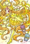  absurdly_long_hair beamed_eighth_notes boots bow brooch bubble_skirt choker circlet cure_muse_(yellow) eighth_note eyelashes fairy_tone frills hair_ribbon heart high_heels jewelry knee_boots long_hair long_sleeves looking_at_viewer magical_girl musical_note open_mouth orange_hair precure red_eyes ribbon sayococco shirabe_ako skirt smile solo suite_precure treble_clef very_long_hair yellow_bow yellow_choker yellow_footwear 