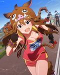  :d aqua_eyes armpits black_gloves braid breasts brown_hair fake_tail gloves idolmaster idolmaster_million_live! kousaka_umi long_hair medium_breasts multiple_girls name_tag official_art open_mouth playing_sports racing relay_race ribbon running shimabara_elena side_braid smile solo_focus sport tail tail_ribbon twin_braids v-shaped_eyebrows 