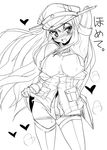  :d arm_up armpits bad_id bad_twitter_id banned_artist bare_shoulders bismarck_(kantai_collection) blush breasts cowboy_shot detached_sleeves gloves greyscale hat heart kantai_collection large_breasts long_hair long_sleeves looking_at_viewer military military_uniform monochrome open_mouth panties panty_pull peaked_cap simple_background skindentation smile solo sweat thighhighs translated underwear uniform very_long_hair white_background yuib3_(yuibitch) 