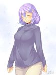  2014 absurdres alternate_costume blush breasts closed_eyes contemporary hair_ornament highres kokka_han large_breasts letty_whiterock long_sleeves pants polearm purple_hair short_hair simple_background smile solo sweater touhou trident weapon 