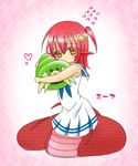  bad_id bad_pixiv_id flying_sweatdrops full_body hair_ornament hairclip heart hug lamia long_hair miia_(monster_musume) monster_girl monster_musume_no_iru_nichijou orange_eyes pointy_ears red_hair scales slit_pupils solo stuffed_animal stuffed_toy uni_(leamyuse) younger 