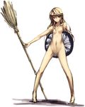  bamboo_broom blonde_hair breasts broom collarbone full_body hat hat_removed headwear_removed highres kirisame_marisa legs long_hair matsuki_akira navel nipples nude simple_background small_breasts smile solo standing touhou very_long_hair white_background witch_hat yellow_eyes 