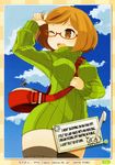  bag between_breasts blush breasts brown_eyes brown_hair cloud day english glasses green_shirt hard_translated highres mota nikki_(swapnote) one_eye_closed open_mouth ribbed_sweater shirt short_hair shoulder_bag strap_cleavage swapnote sweater thighhighs turtleneck 