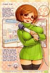  blush brown_eyes brown_hair english glasses green_shirt hard_translated highres hitachi_magic_wand nikki_(swapnote) open_mouth poorly_translated ribbed_sweater shigatake shirt short_hair standing swapnote sweater thighhighs turtleneck 