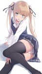  black_legwear blonde_hair blue_eyes blush hair_ribbon highres long_hair long_legs looking_at_viewer open_mouth panties pantyshot ribbon saenai_heroine_no_sodatekata sawamura_spencer_eriri school_uniform simple_background skirt solo supertie thighhighs twintails underwear white_background white_panties 