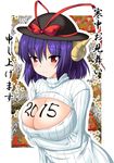  alternate_costume body_writing bow breast_lift breasts cleavage cleavage_cutout crossed_arms gonzaburo happy_new_year hat hat_bow highres horns large_breasts long_sleeves meme_attire nagae_iku new_year open-chest_sweater purple_hair red_eyes ribbed_sweater sheep_horns smile solo sweater touhou turtleneck 