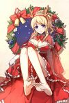  adapted_costume antlers ayase_eli bare_legs barefoot blonde_hair blue_eyes breasts capelet christmas cleavage elbow_gloves feet gloves hairband highres large_breasts light_smile looking_at_viewer love_live! love_live!_school_idol_project off_shoulder parted_lips ponytail reindeer_antlers revision santa_costume short_ponytail sindre sitting soles thighs toes white_gloves 